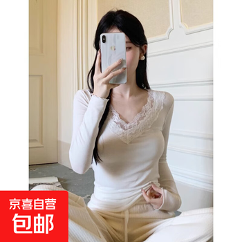 Pure desire v-neck lace edge white long-sleeved t-shirt for women 2025 autumn new t-shirt slim fit inner layering shirt top white l