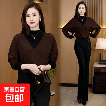 Large size color block top autumn and winter new women's fake two-piece long-sleeved versatile cover-up half-turtle collar bat-sleeved bottoming shirt caramel color m recommended 80-100 pounds
