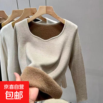 Thickened all-in-one velvet bottoming shirt short plus velvet sweater for women autumn and winter new style foreign style high-end knitted inner top oatmeal color one size