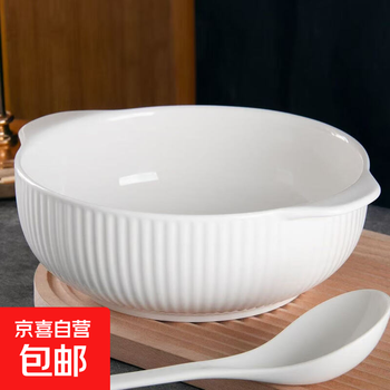 2 pieces of 10.5-inch pure white soup bowls with vertical patterns for household ceramic tableware, large soup bowls with double ears and anti-scalding 1 piece of 10.5-inch soup bowls with vertical patterns with double ears
