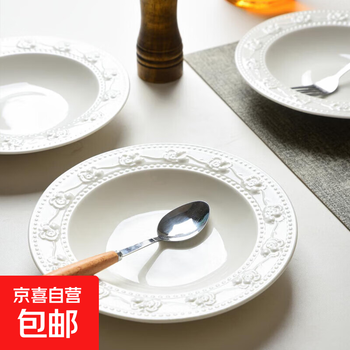 Modern pure white 8.2-inch rose embossed straw hat plate, household housewife ceramic tableware dinner plate, western style 1 pure white 8.2-inch rose embossed straw hat plate