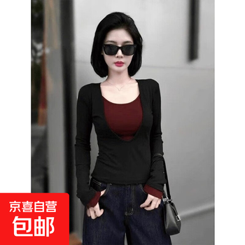 Large size german velvet contrasting color fake two-piece u-neck t-shirt bottoming shirt for women 2025 autumn and winter fashion slim slim long-sleeved top black xl recommended 115-130 pounds