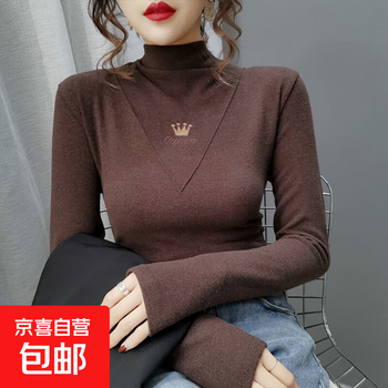 Half-turtle collar german velvet bottoming shirt for women in autumn and winter, double-sided brushed plus velvet thickened mid-collar long-sleeved t-style top, brown l, recommended 100-110 pounds