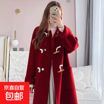 2025 autumn and winter new horn button double-sided cashmere coat small woolen woolen high-quality woolen coat women red s (155) 105-115 jin