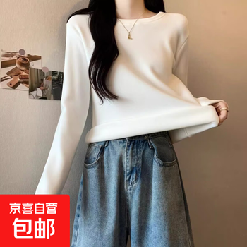 Plush white bottoming shirt for women, autumn and winter round neck top, brushed german velvet long-sleeved warm t-shirt for women 8007 german velvet thickened round neck - white german velvet brushed warm 8007# m reference 90-100 catties
