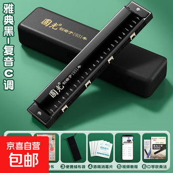 Harmonica 24-hole polyphonic c key for primary school students, beginners, adults and children, accented authentic musical instruments, new year's gift, athens black, polyphonic c key + self-study gift pack + video tutorial