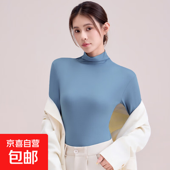 Long-sleeved t-shirt for women in autumn and winter 2025 new solid color slim-fit top piled high-neck brushed bottoming shirt for women with mist blue xl (weight 110-125 catties)