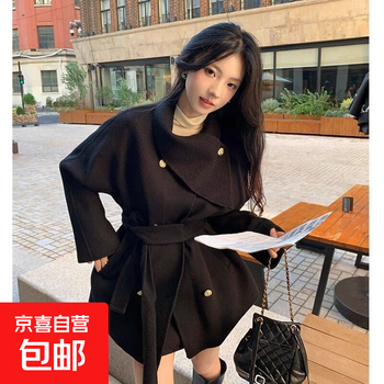 Black hepburn style short woolen cape coat for women autumn and winter thickened 2025 new high-end woolen coat black m recommended 90-100 pounds