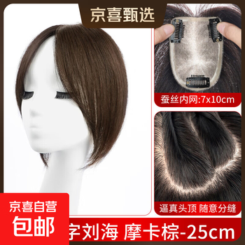Hand-needle wig for women with real hair on the top of the head, thin, traceless hair volume, fluffy high-head hair cover, white hair bangs replacement, hand-needle 7*10 silk, mocha brown, 25cm, middle part