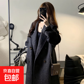 Black and gray thickened coat for women 2025 autumn and winter new mid-length woolen woolen korean style high-end coat black and gray l recommended 100-110 catties