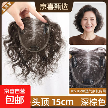 Wool curly head replacement hair piece for women, traceless natural middle-aged and elderly fluffy short hair curly wig, 10*10 rolls, fully hand-woven hair repair piece for bangs, dark brown 15cm