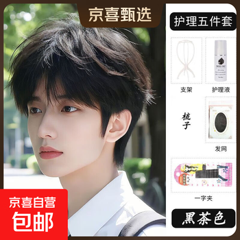 Real hair wig men's short hair naturally fluffy men's fashion micro-fragmented cover bald breathable wig headgear full real hair large size picture style black short hair