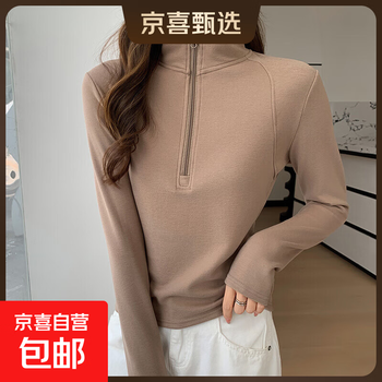 Half-zip, half-turtleneck bottoming shirt for women, autumn and winter velvet warm sweatshirt, versatile slimming solid color long-sleeved top h355 khaki l, suitable for 120-145 pounds