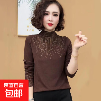 Fashionable autumn and winter half turtleneck solid color hot diamond bottoming shirt large size belly-covering age-reducing fashionable mother's top ys9074 ys9074 brown 3xl