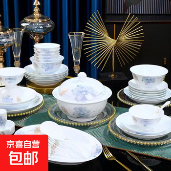 Jingdezhen tableware, bowls and dishes set housewarming plate underglaze color high temperature microwave oven dishwasher lotus home and everything is prosperous 58-piece set