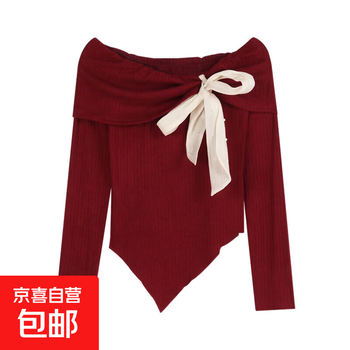 One-shoulder bow knitted bottoming shirt for women in winter, christmas red long-sleeved sweater with a chic and beautiful top, red, one size fits all