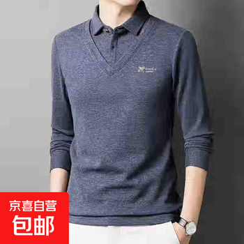 Men's fake two-piece shirt collar striped long-sleeved t-shirt casual versatile comfortable warm top blue s 165/80a