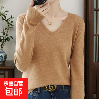 2025 new autumn fashion bottoming shirt v-neck long-sleeved pullover sweater loose slimming versatile women's top pullover v-neck - golden camel 2xl 140-160 catties