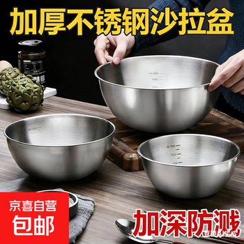 Food stainless steel basin for washing vegetables and noodles, beating eggs, home kitchen cold salad basin, straight side basin, lard basin, 17-19-22 three-piece set