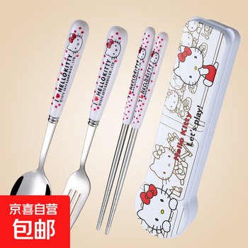304 cute cartoon chopsticks, forks and spoons four-piece stainless steel set portable travel tableware for office workers and students 304 stainless steel kt chopsticks, spoons and forks + box 4-piece set