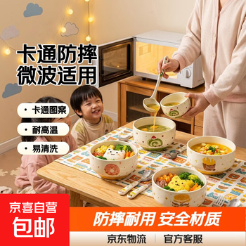 Cute cartoon anti-fall large ceramic bowl set children's rice bowl dessert soup bowl rice bowl microwave tableware cartoon rice bowl 2 pack
