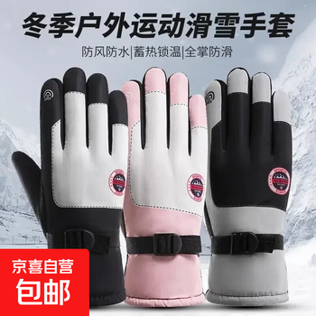 Ski gloves for men and women in winter, thickened with velvet and warm for outdoor riding, motorcycle touch screen, waterproof and anti-slip gloves, ski gloves - black - 1 pair
