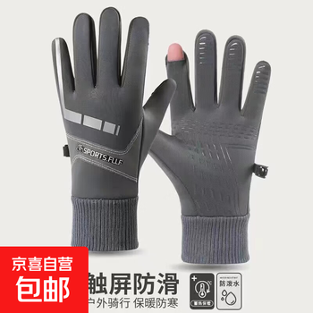 Winter warm gloves for men, thickened and velvet, windproof, waterproof, coldproof, cycling, driving, touch screen leaky finger full finger gloves, reflective three pieces of cotton, pure gray