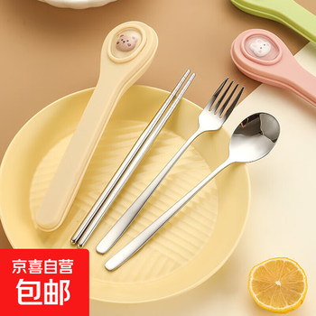 304 portable stainless steel tableware chopsticks and spoons three-piece set cute cartoon travel forks, spoons and chopsticks set for students 304-chopsticks + spoon + fork yellow bear