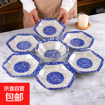 Bowl and dish set household hexagonal platter soup bowl set new high-value ceramic underglaze color tableware bowl and plate set blue and white porcelain 8.5-inch hexagonal plate 1 pack