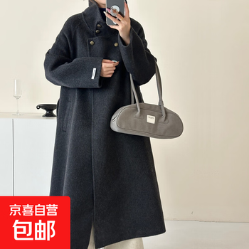 Off-season special sale new solid color extended length stand collar lace-up wool double-sided cashmere coat temperament woolen coat for women carbon black s