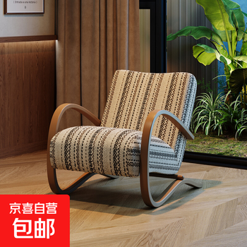 Medieval retro b&b cafe leisure chair armchair lazy designer high-end creative single sofa chair single chair (imported printed fabric) - wooden feet