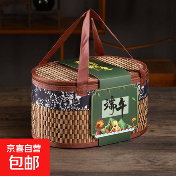 Bamboo basket woven empty gift box crab dragon boat festival rice dumpling packaging box mid-autumn festival moon cake new year’s souvenir blue and white carbonized oval 30*20*16 dragon boat festival dragon