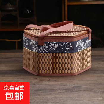 Bamboo basket woven empty gift box crab dragon boat festival rice dumpling packaging box mid-autumn festival moon cake new year’s souvenir blue and white carbonized hexagonal diagonal 28 opposite sides 24 high 16