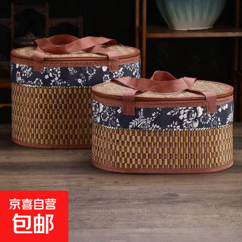 Bamboo basket woven empty gift box crab dragon boat festival rice dumpling packaging box mid-autumn festival moon cake new year’s souvenir blue and white carbonized oval 25*18*16