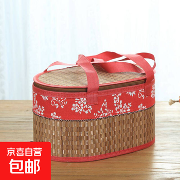 Bamboo basket woven empty gift box crab dragon boat festival rice dumpling packaging box mid-autumn festival moon cake new year’s souvenir red flower cloth oval 30*20*21