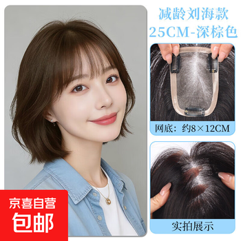 Wig piece for women to add fluffy hair to the top of head, full human hair to cover white hair, light, breathable and traceless wig piece, full skin color at the bottom of the net - 8*12, as thin as a cicada in the middle / bangs - 25cm brown