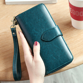 Banyanu 2025 new retro oil waxed cowhide long women's wallet women's genuine leather large capacity zipper wallet wallet trendy peacock blue-(anti-theft brush)