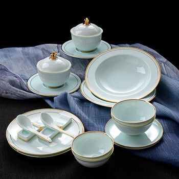 Huaguang national porcelain chinese style celadon tableware set hua celadon bowl and plate set qianfeng green bone china tableware for 6 people high-end gift box 32 pieces
