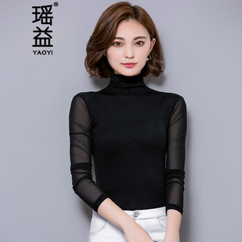 Yaoyi turtleneck bottoming shirt for women 2025 autumn and winter plus velvet elastic mesh long-sleeved slim top versatile commuting shirt black turtleneck l