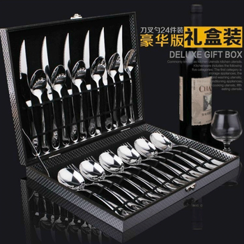 Ramasoon creative boutique thickened stainless steel steak, knife, fork and spoon, 24-piece western tableware, household three-piece gift box set, black gift box set of 24
