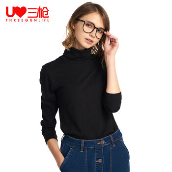 Three guns bottoming shirt autumn thin women's turtleneck underwear autumn clothes long sleeve single piece cotton sweater warm top black m