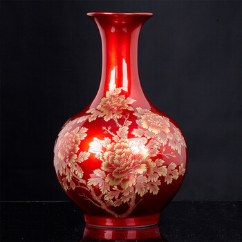 Porcelain sheng jingdezhen ceramics chinese red crystal glaze flower blooming rich peony vase modern home decor home crafts ornaments appreciation vase with base