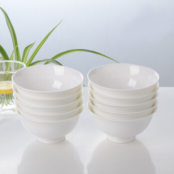 Red peony pure white bone china rice bowl chinese tableware set anti-scalding tall bowl family underglaze color ceramic bowl set pure white tall bowl 10 pieces 4.5 inches