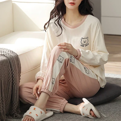 Yu Zhaolin長袖パジャマ女性の春 夏 秋の綿かわいいクマの漫画小さな女性は家庭服スーツ ピンクと白のクマxl110 125キャティを着ることができます Yu Zhaolin長袖パジャマ女性の春 夏 秋の綿かわいいクマの漫画小さな女性は家庭服スーツ ピンクと白のクマxl110 125キャティを着ることができます