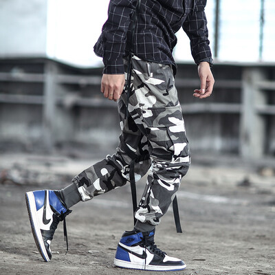 YOUJUE functional style camouflage pants men s ankle length overalls men s loose American streamer paratrooper casual pants national fashion brand snow white camouflage color L