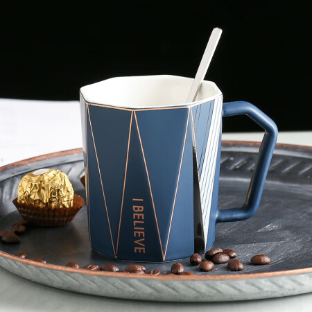 Qiaoyi creative ceramic cup personality mug female milk cup coffee cup male drinking water tea cup couple cup blue