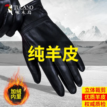 Woodpecker leather gloves men's winter sheepskin plus velvet to keep warm cycling driving thickened anti-splashing water cold wind Christmas birthday gift finger decoration buckle autumn