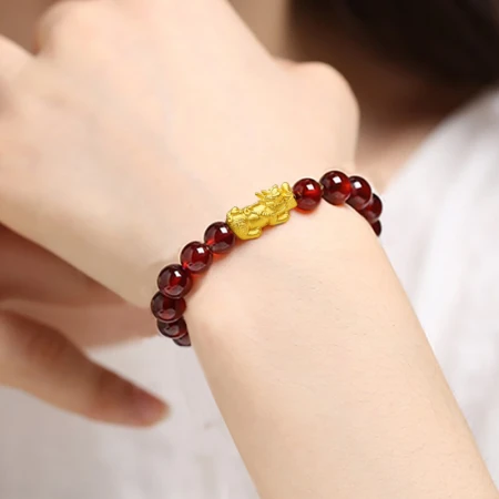 Shiyue Jewelry 6-7mm Wine Red Garnet Bracelet Gold Pure Gold 3D Hard Gold Pixiu Bracelet Crystal Agate Women's Gold Weight 0.42g