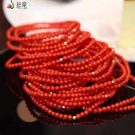 Yanhao [with authentication certificate] coral bracelet natural red coral small bracelet 18K real gold beads fortune bracelet zodiac year red bracelet small red rope bracelet gift for girlfriend Taiwan natural coral small gold beads fortune bracelet 3.5MM hand circumference 16CM