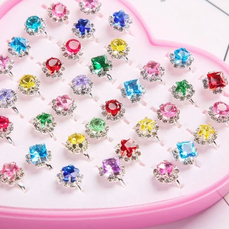 Yililuo children's ring ring cartoon girl princess jewelry gift box crystal gem diamond toy girls kindergarten colorful bright diamond small ring gem random 36 boxes